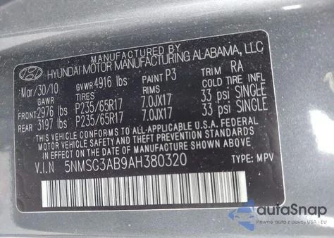 2010 Hyundai Santa Fe Gls z USA, uszkodzony, nr VIN 5NMSG3AB9AH380320